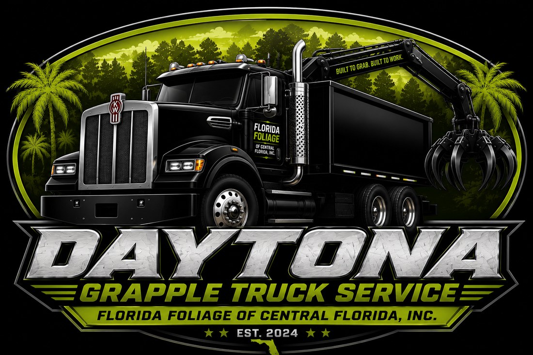 Daytona Grapple Truck Service brand badge — black Kenworth grapple truck