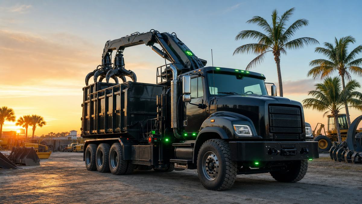 AI-generated image of Daytona Grapple Truck Service equipment staged for debris removal in Ormond Beach FL