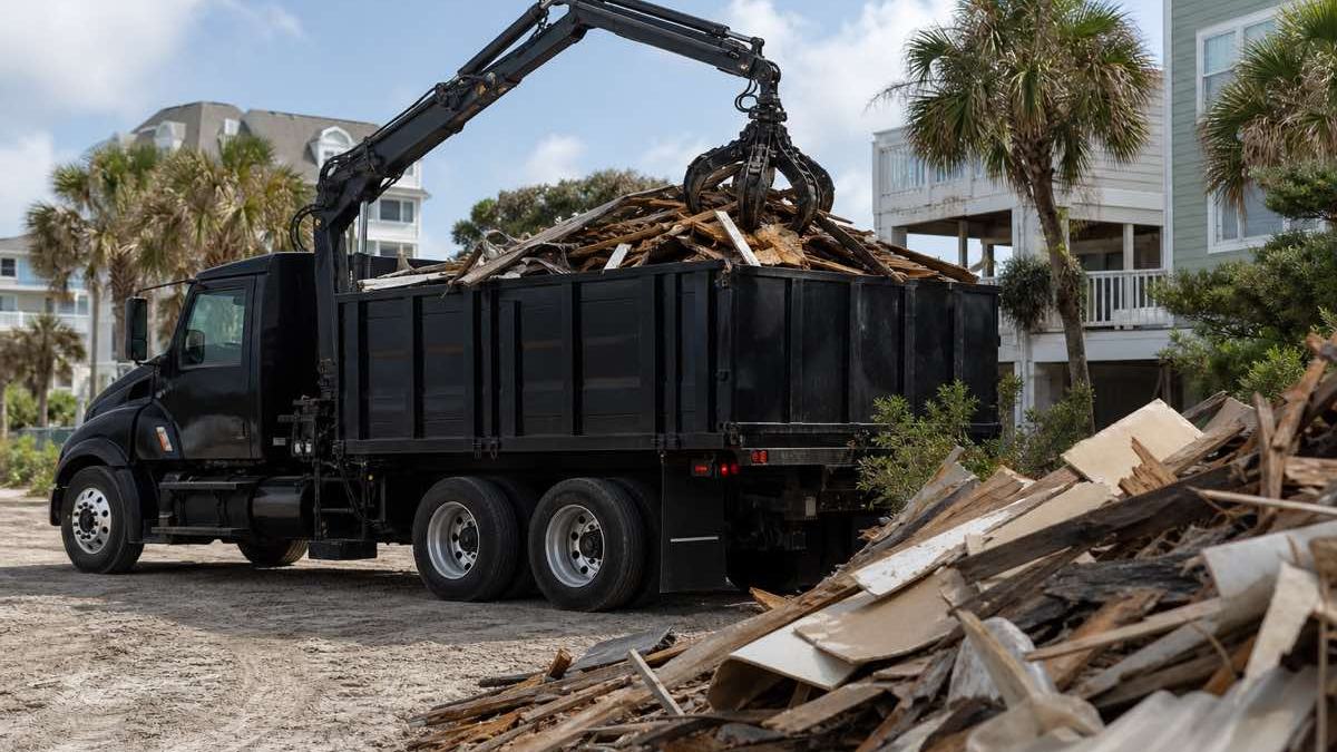 AI-generated image of commercial property manager reviewing a marked site map beside grouped debris piles and reserved parking spaces in Daytona Beach, Florida
