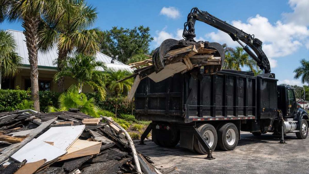 AI-generated image of commercial roofing membrane and insulation separated in a ground-level debris staging area beside a flat-roof building in Daytona Beach