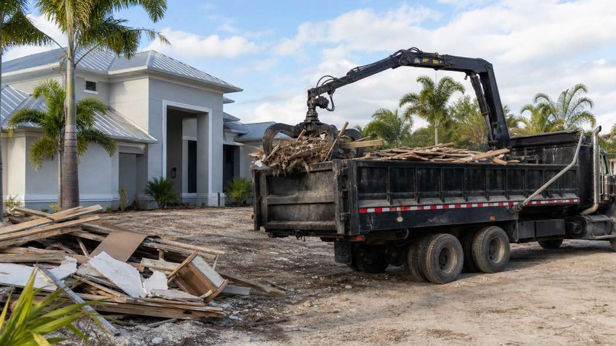 AI-generated image of grapple truck beside a neatly staged pile of construction debris at a Daytona Beach building site