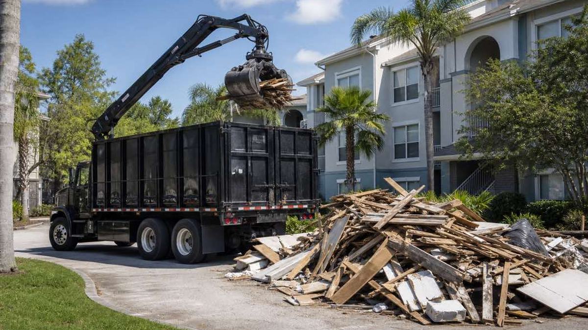 AI-generated image of grapple truck positioned near staged cut branches in a controlled parking area at a Daytona Beach apartment community