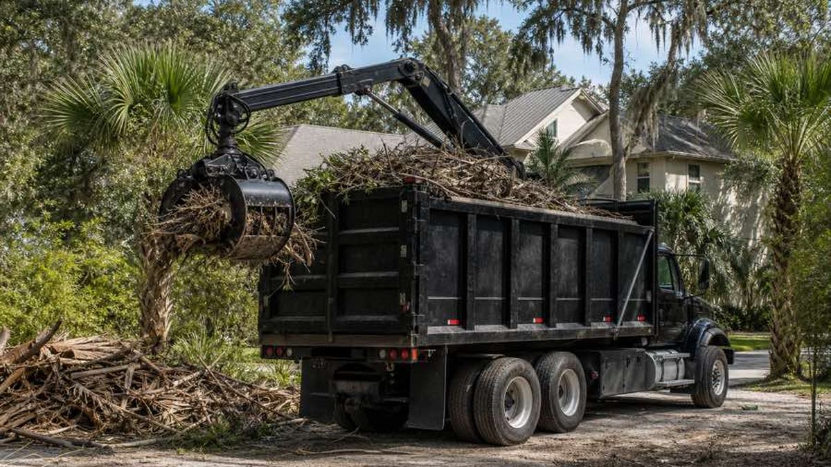 AI-generated image of ground-level view of a grapple truck access area in Daytona Beach with overhead wires, tree limbs, a roof edge, and a debris pile visible