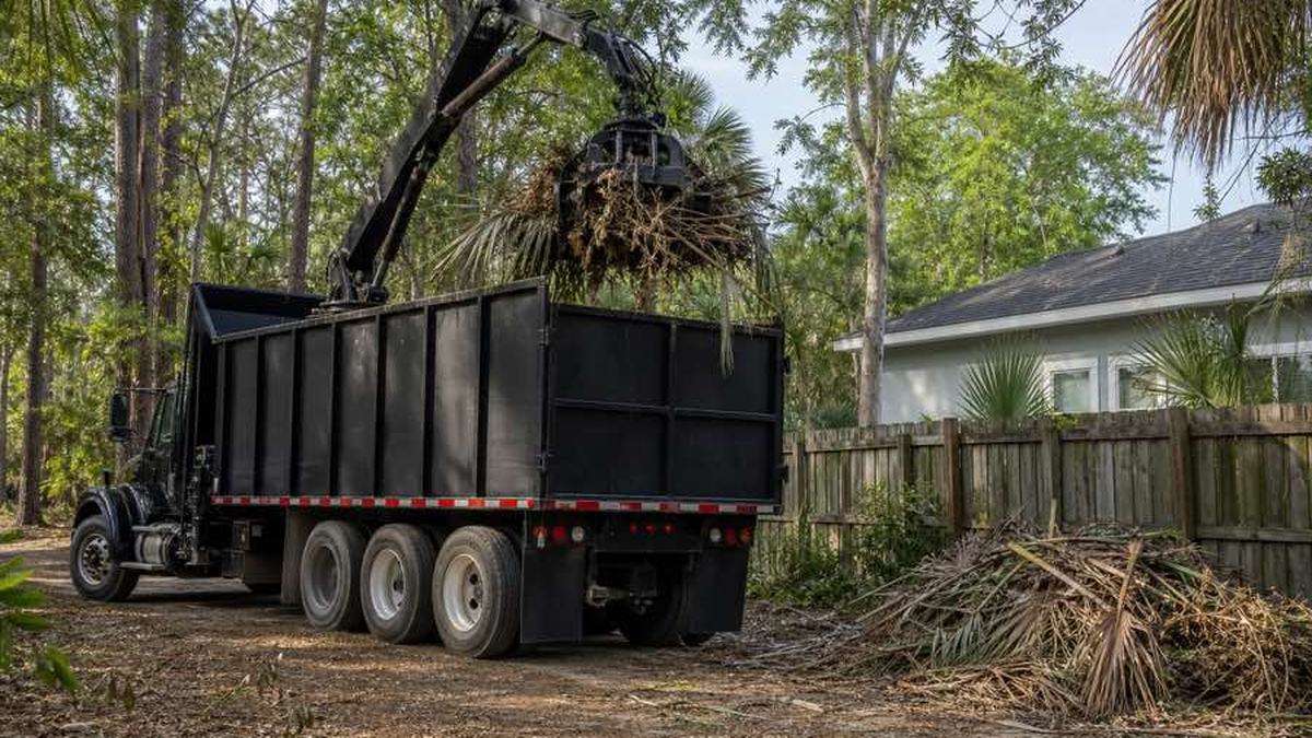 AI-generated image of grapple truck positioned on a paved Palm Coast street beside a cut branch pile spaced away from a fence, gate posts, landscaping, and a grassy swale