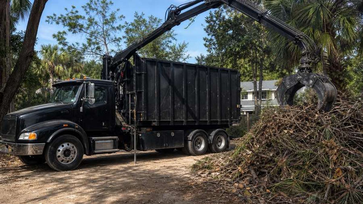 AI-generated image of grapple truck positioned beside a clearly staged pile of cut branches in an open Daytona Beach-area work zone