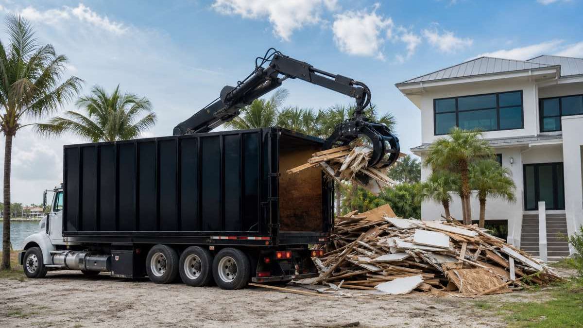 AI-generated image of grapple truck beside separated piles of cut vegetation and construction debris at a Daytona Beach jobsite between building phases
