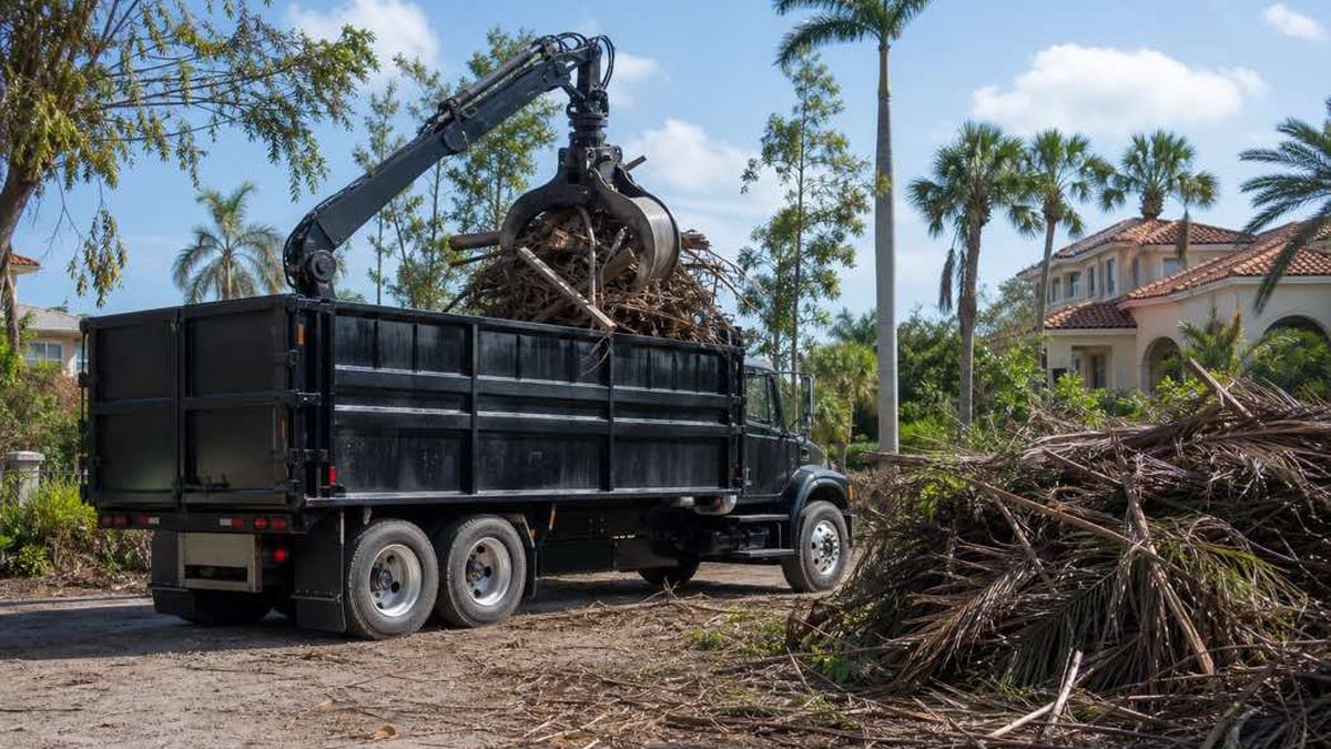 AI-generated image of grapple truck positioned near separate piles of cut branches and sorted renovation debris at a Port Orange property