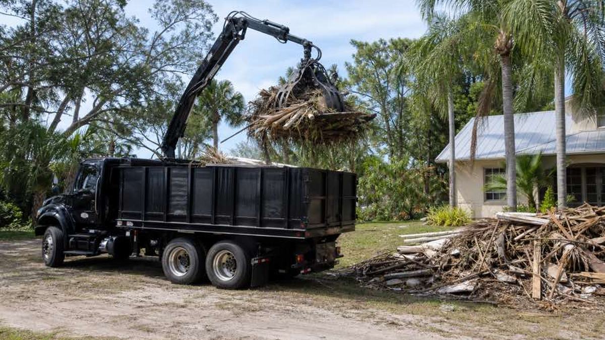 AI-generated image of grapple truck positioned near a sorted pile of cut storm branches on private property in Daytona Beach, Florida