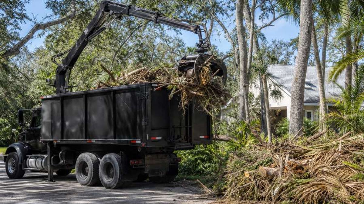 AI-generated image of storm-cut branches piled beside a blocked residential driveway in Port Orange, Florida, with cones marking a clear exclusion zone