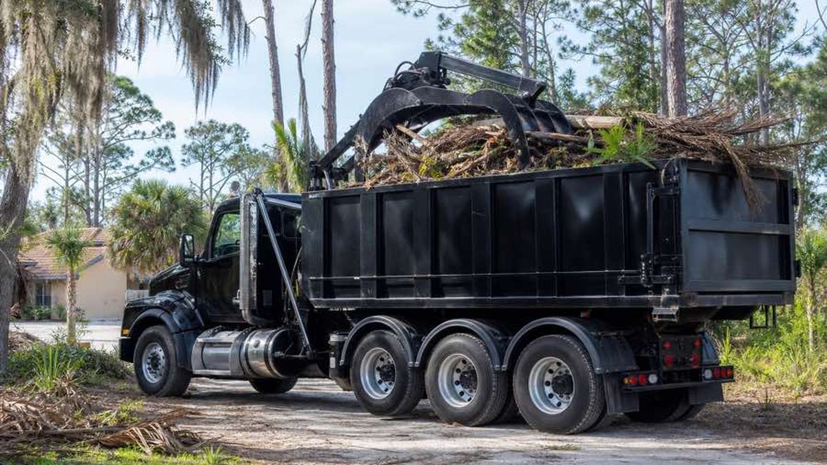 AI-generated image of grapple truck positioned on pavement beside a rain-soaked pile of cut branches and palm fronds in Daytona Beach