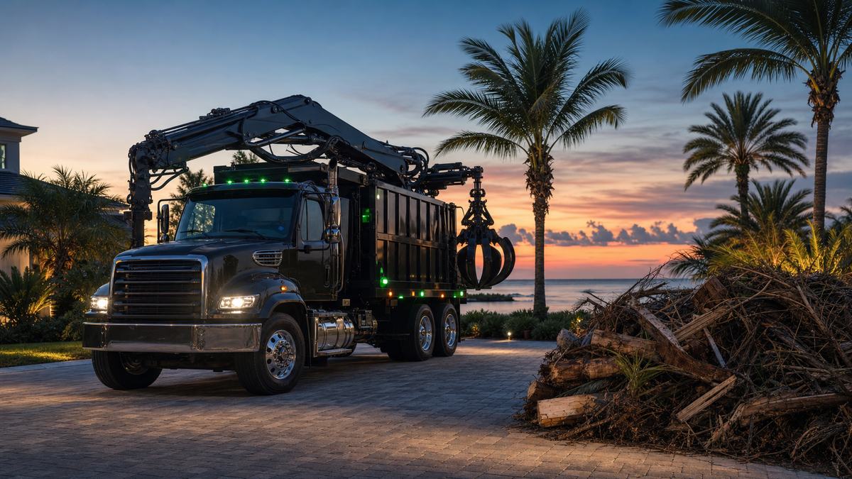 AI-generated image of a grapple truck ready for 24/7 debris pickup dispatch in Central Florida