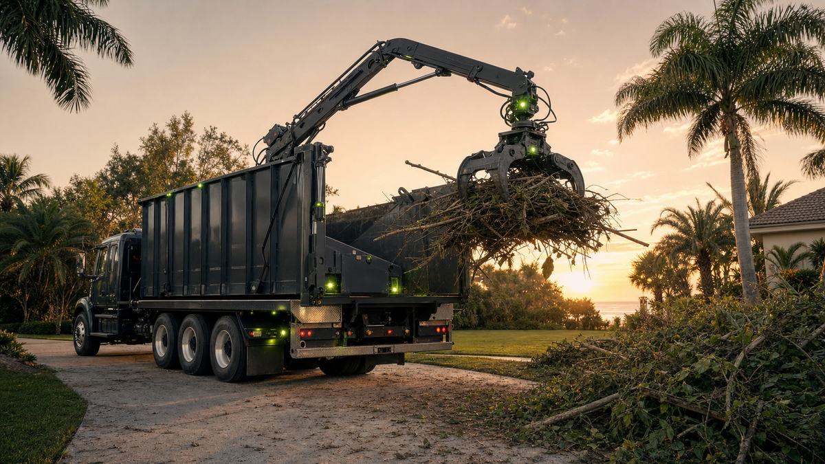 AI-generated image of grapple truck debris removal in Daytona Beach FL with palm fronds and tree debris