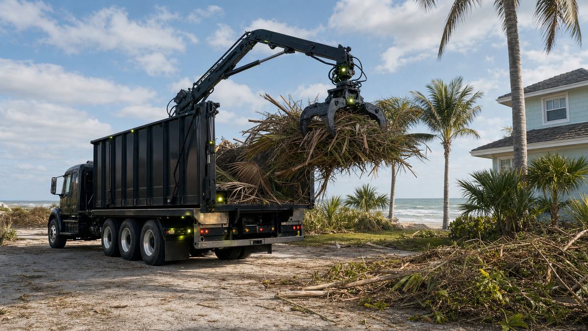 AI-generated image of grapple truck debris removal in New Smyrna Beach FL