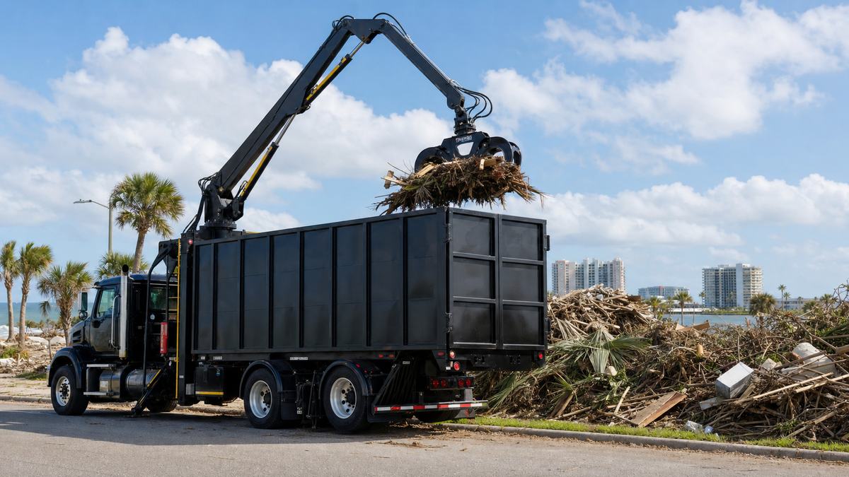 AI-generated image of Volusia County grapple truck services loading storm debris and approved construction debris near Daytona Beach FL