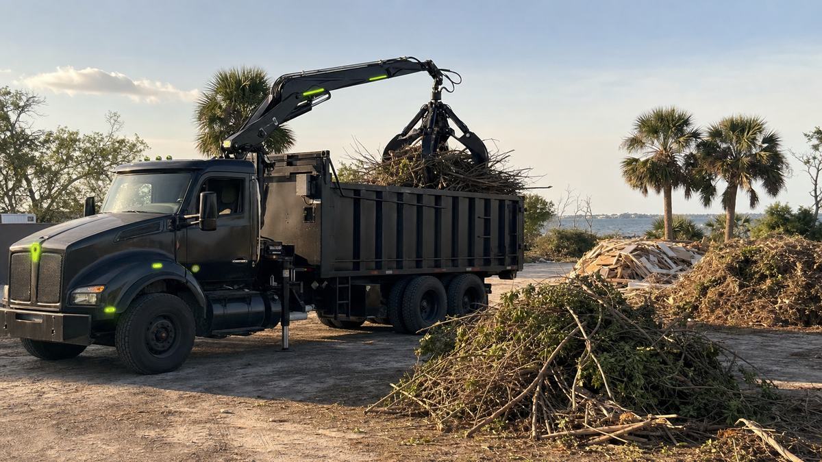 AI-generated image of grapple truck services hauling heavy debris across Volusia and Flagler County