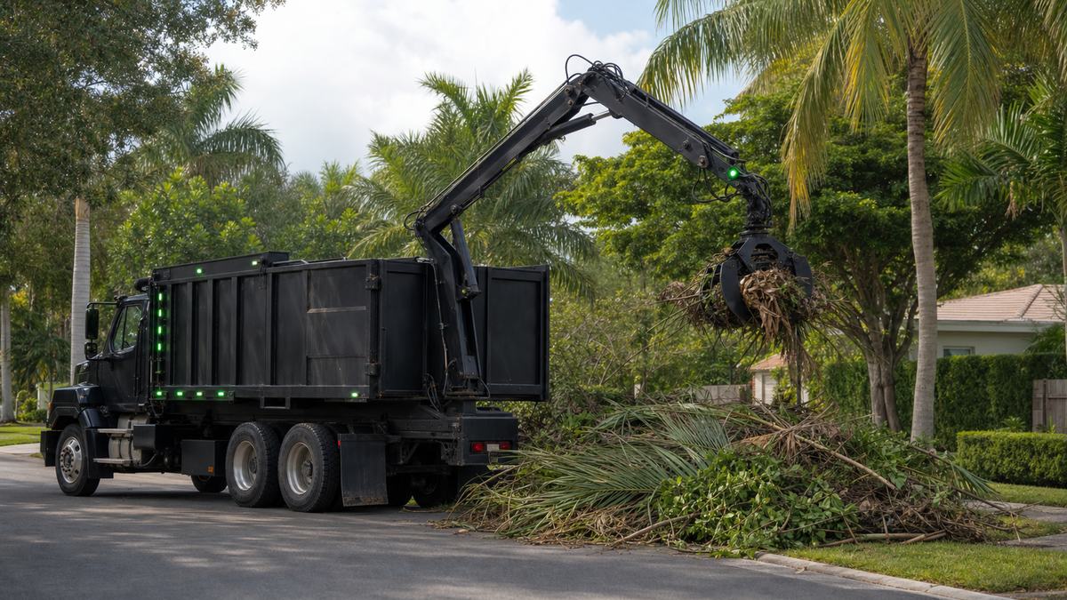 AI-generated image of bulk yard waste hauling with a grapple truck loading large landscape debris piles