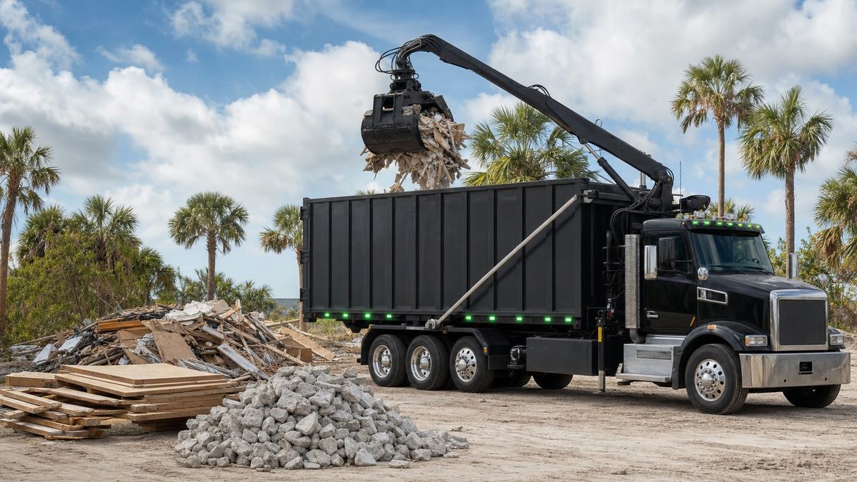 AI-generated image of construction debris removal with a grapple truck loading approved jobsite debris
