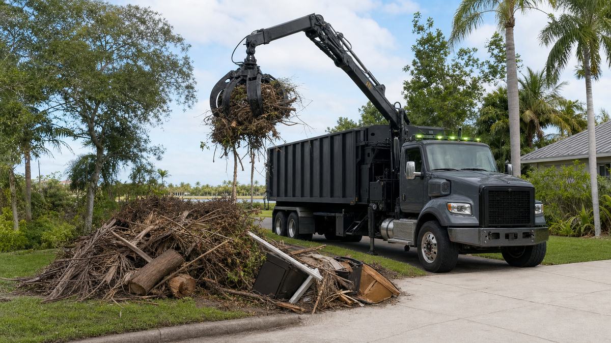 AI-generated image of grapple truck debris removal loading mixed yard and jobsite debris