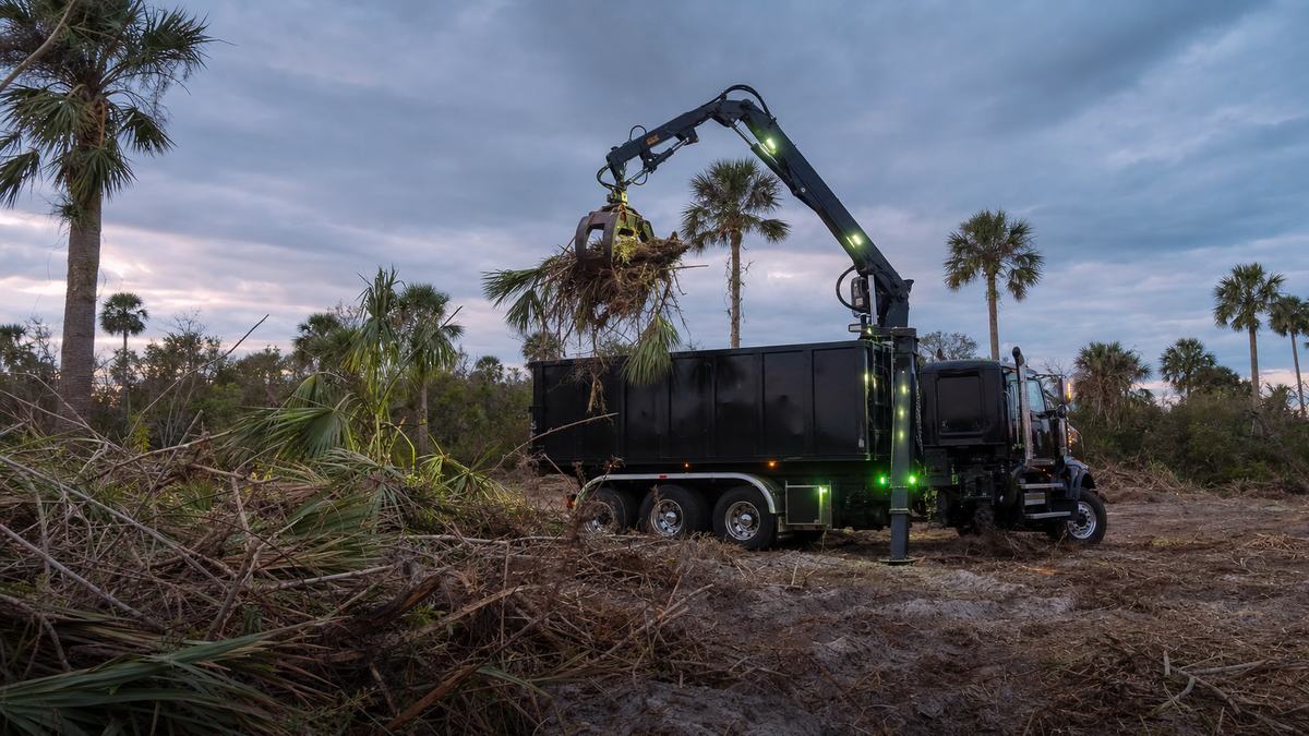 AI-generated image of land clearing debris removal with a grapple truck loading brush and palmetto debris