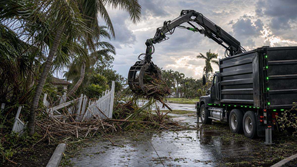 AI-generated image of storm debris cleanup with a grapple truck loading wet limbs and palm debris