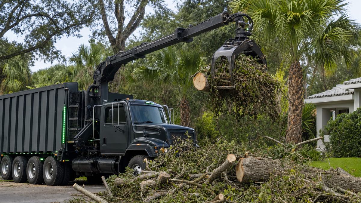 AI-generated image of tree debris removal with a grapple truck loading cut limbs and trunk sections