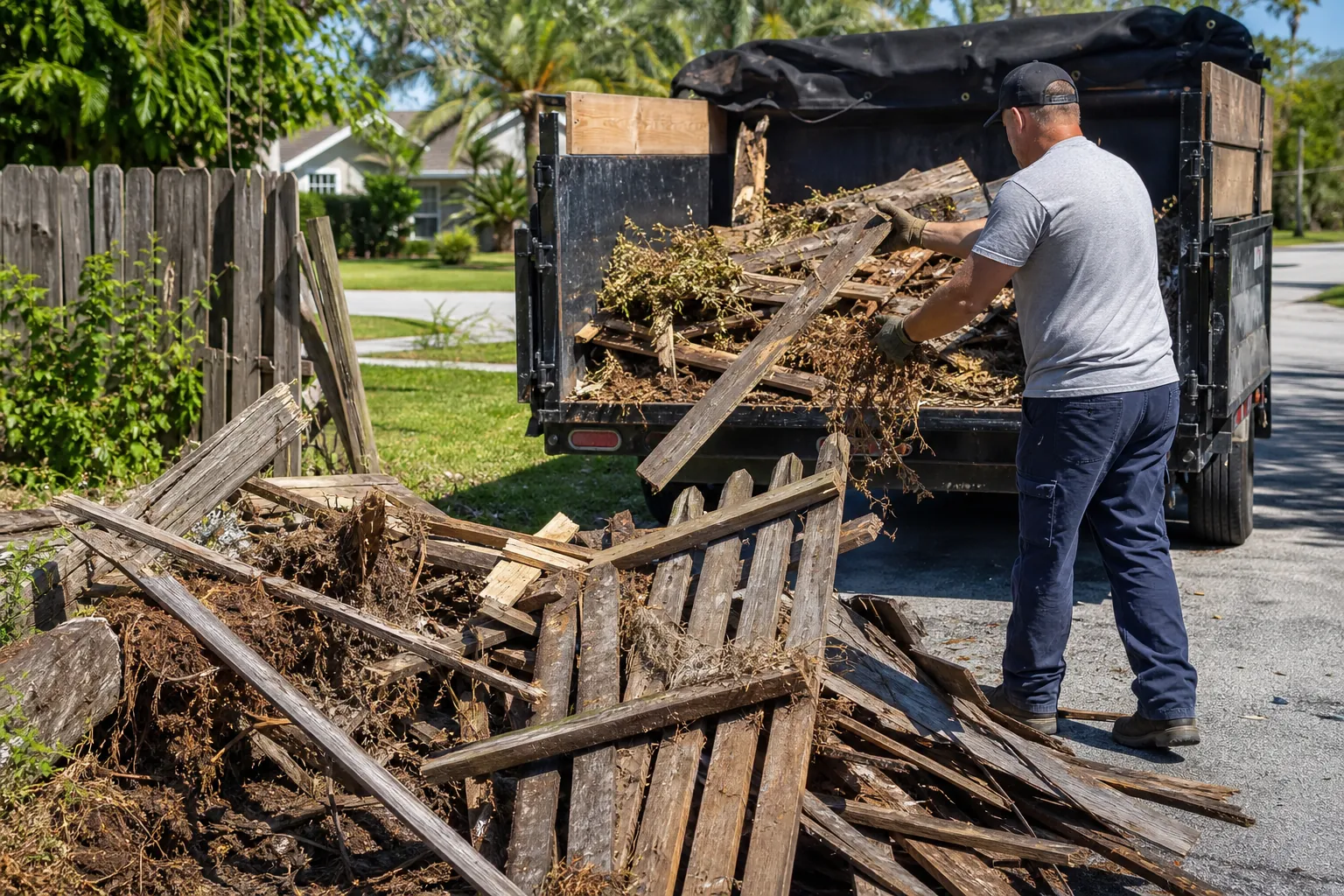 A gloved man loads broken wooden fence boards and yard debris into a black hauling trailer beside a residential street.