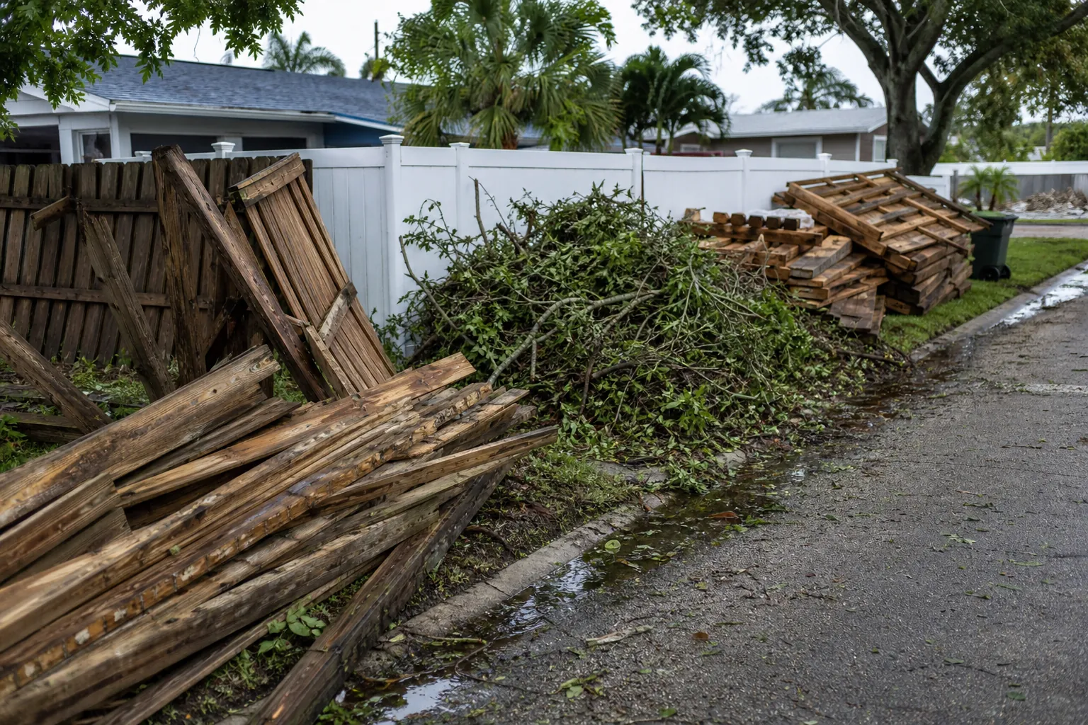 Broken wooden fence panels and loose boards sit in separate piles from leafy branches beside a wet residential street.