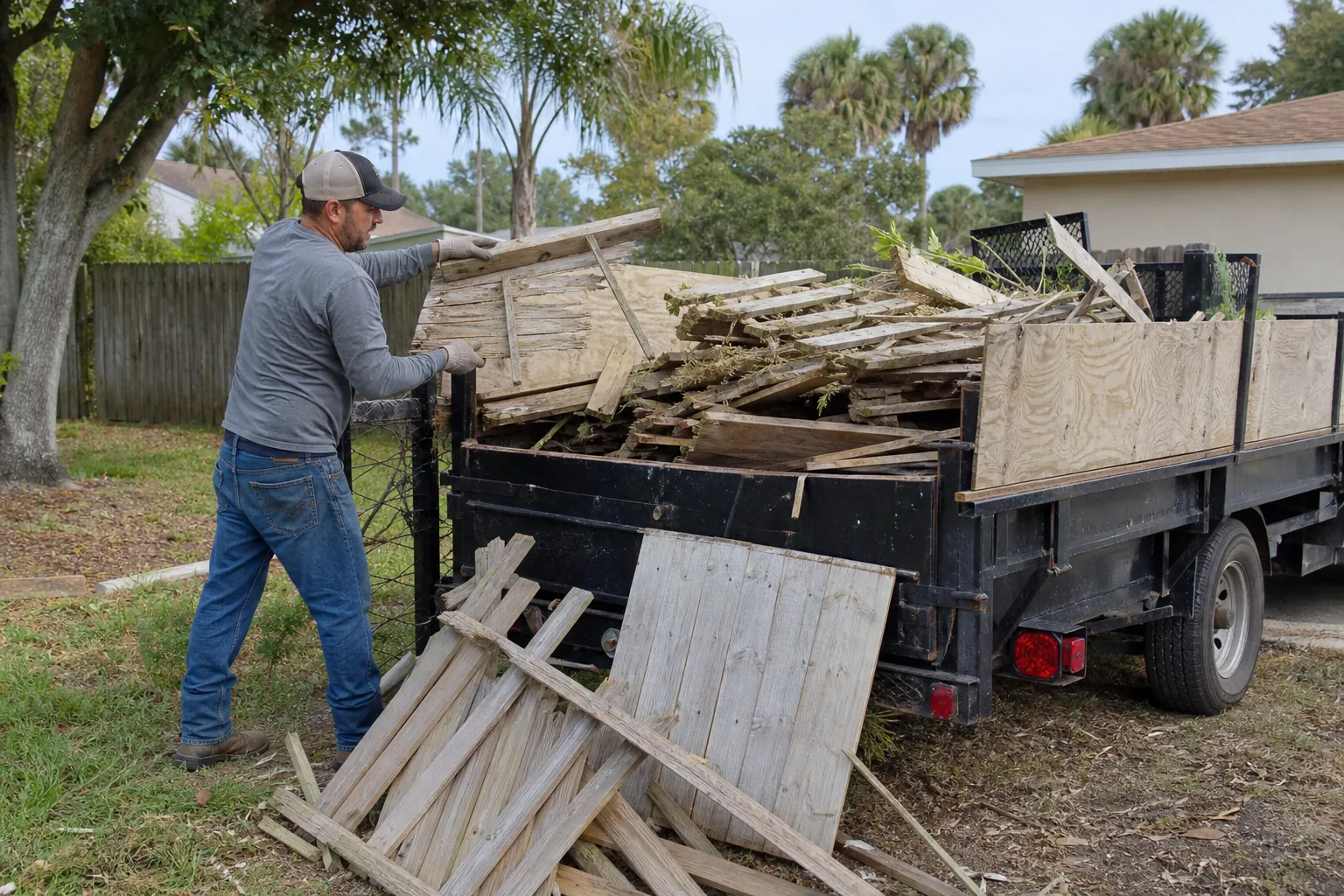 A gloved man loads broken wooden fence panels into a black hauling trailer, with more fence debris piled on the grass.