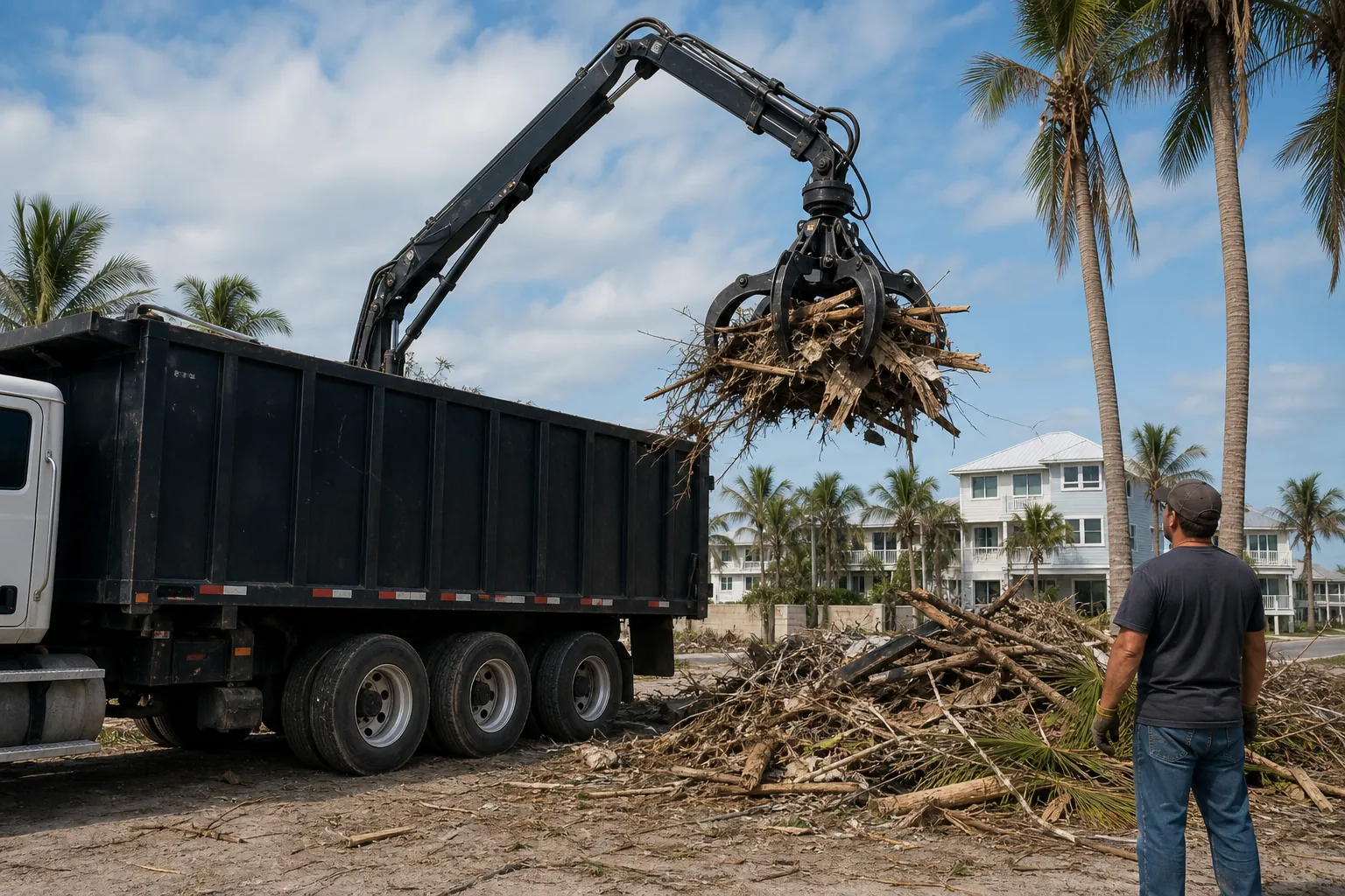 Grapple Truck Loading Branches and Wood Debris A grapple truck lifts branches and wood debris beside a large pile while a worker watches near palm trees and coastal homes.