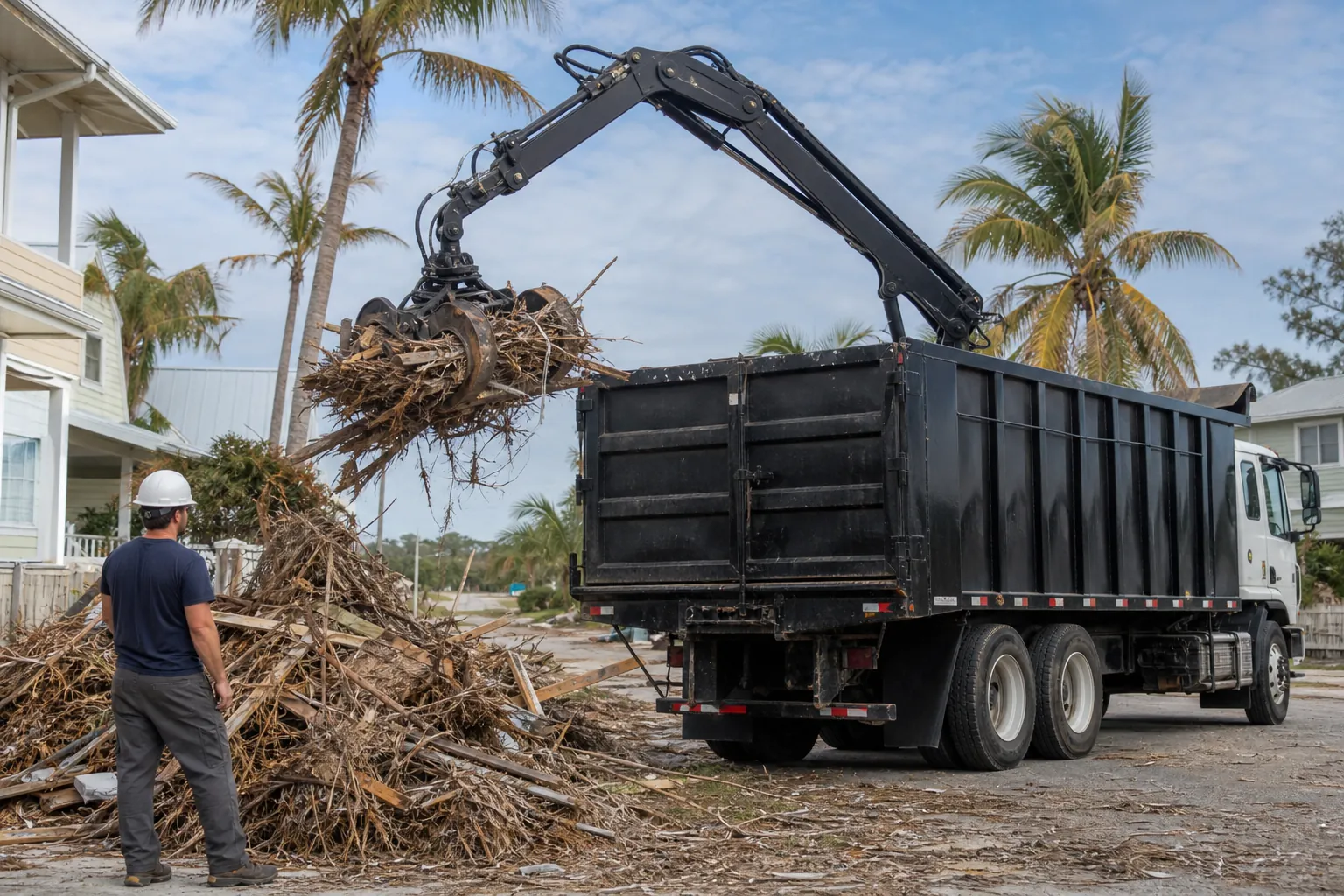Grapple Truck Loading Roadside Branch Debris A grapple truck lifts branches from a roadside debris pile as a worker in a hard hat watches near houses and palm trees.