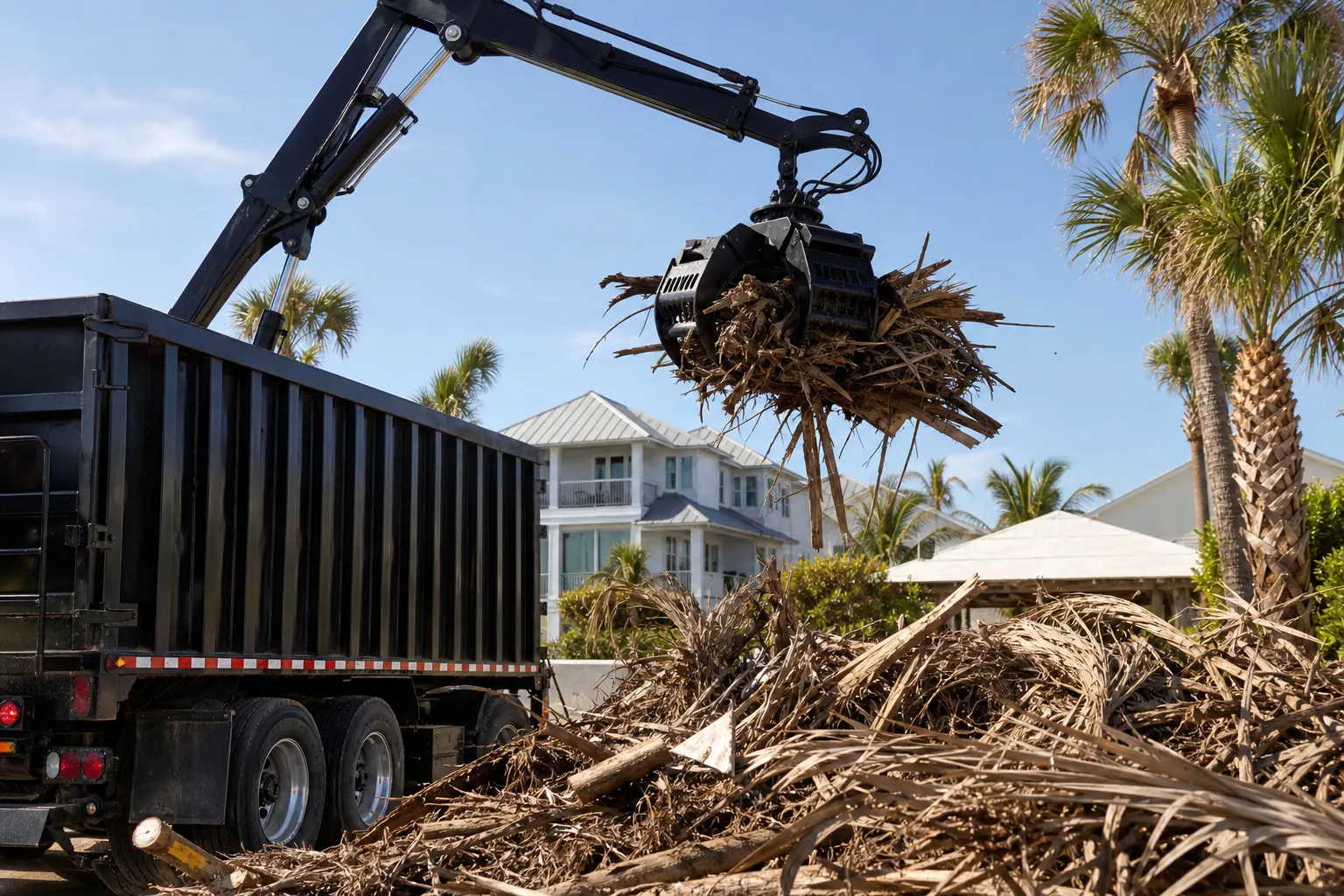 Grapple Truck Lifting Branches and Palm Debris A truck-mounted grapple lifts branches and palm debris beside a large yard waste pile, with houses and palm trees behind it.