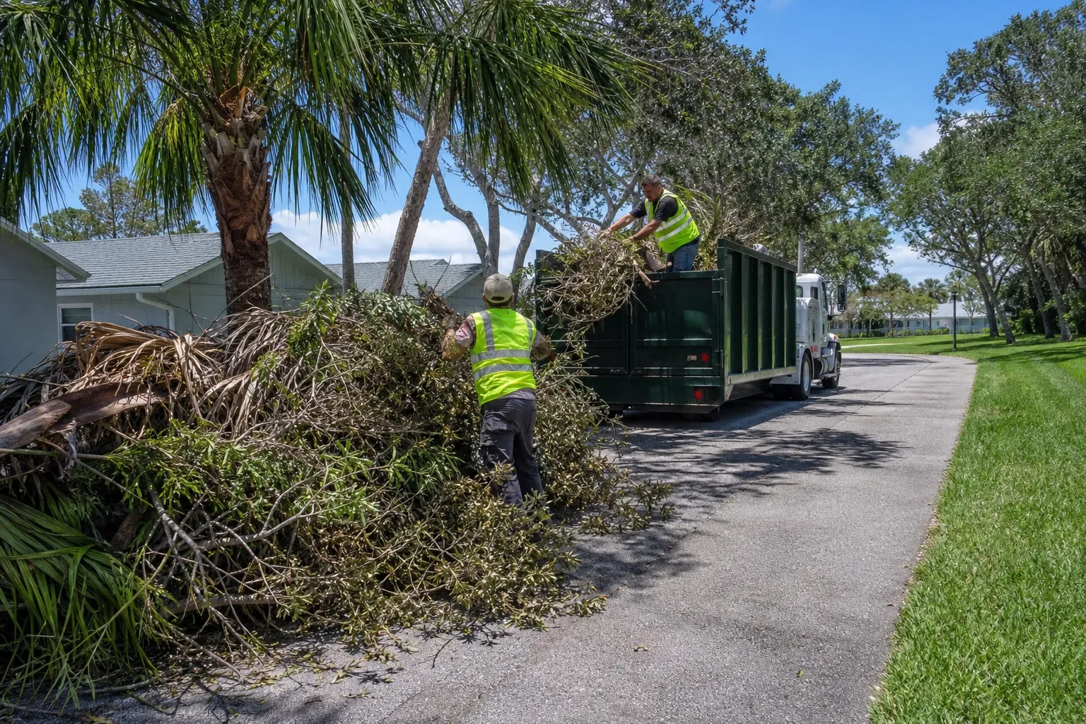 Workers Loading Yard Debris into a Truck Two workers in reflective vests load branches and palm fronds into a green debris truck on a residential street.