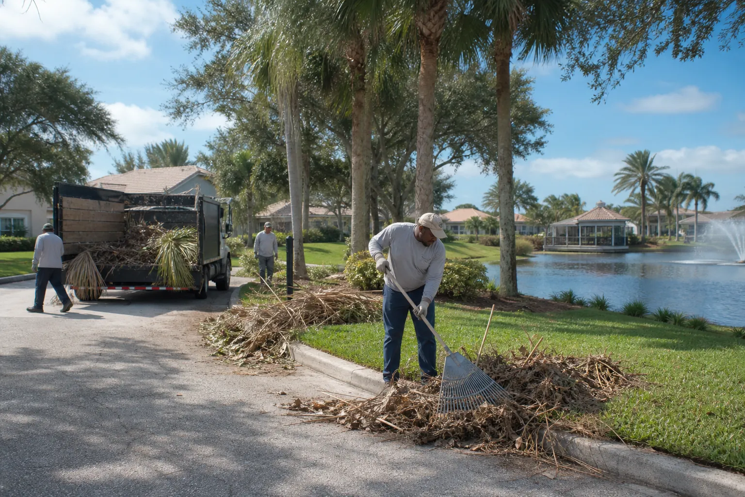 Common Area Yard Debris Pickup Beside a Neighborhood Pond Three workers collect palm fronds and yard debris beside a neighborhood pond, with a rake and debris truck along the curb.