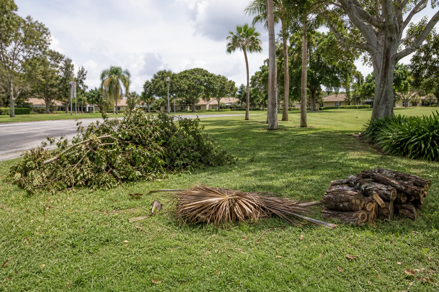 Separated Yard Debris Piles Beside a Residential Road Separate piles of leafy branches, dried palm fronds, and cut logs sit on grass beside a residential road.