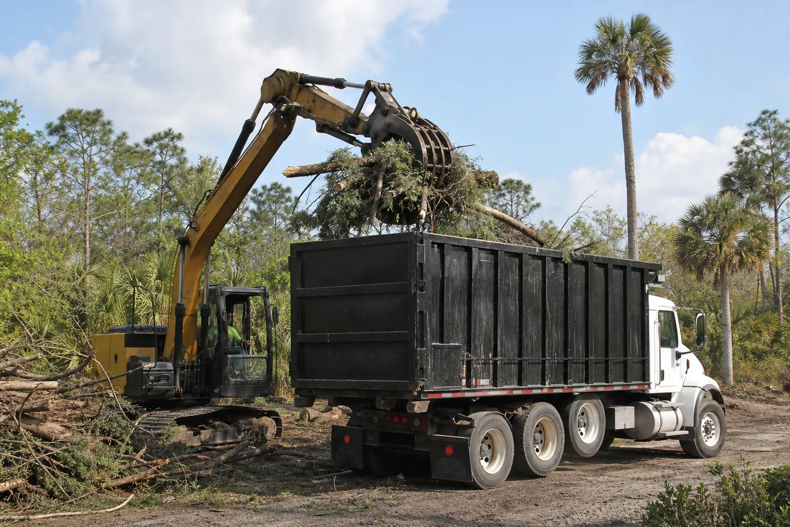 Excavator Loading Land Clearing Debris into a Truck An excavator loads branches and logs into a black debris hauling truck at a clearing surrounded by pine and palm trees.