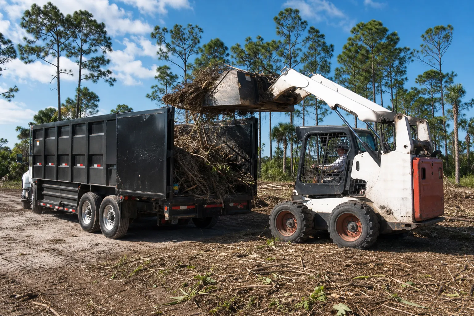 Loading Land Clearing Debris for Hauling A skid-steer loader lifts branches into a black debris trailer on a cleared dirt site surrounded by pine trees.