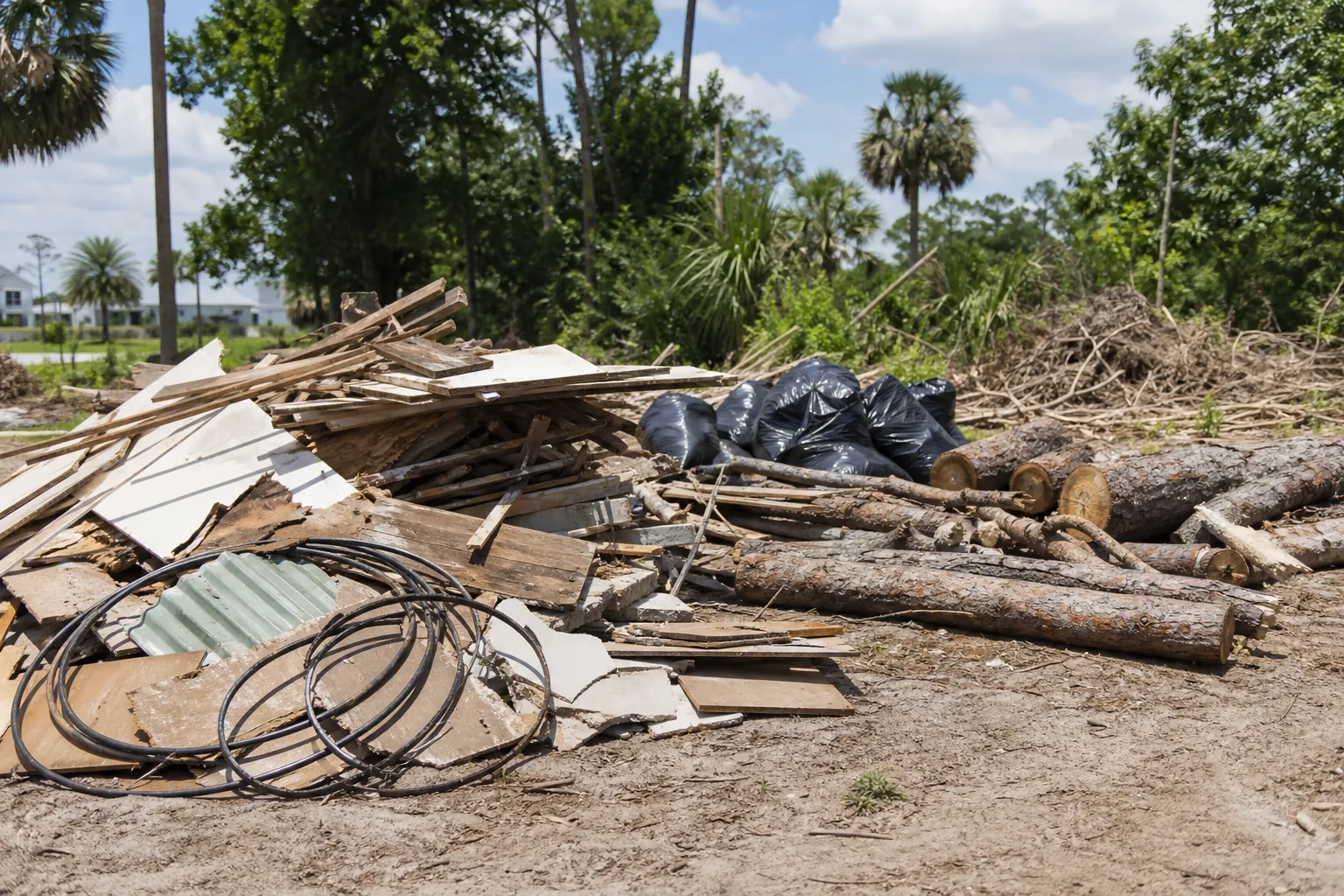 Mixed Land Clearing Debris Awaiting Pickup Mixed clearing debris on bare ground includes cut logs, branches, scrap lumber, broken panels, coiled cable and black bags.