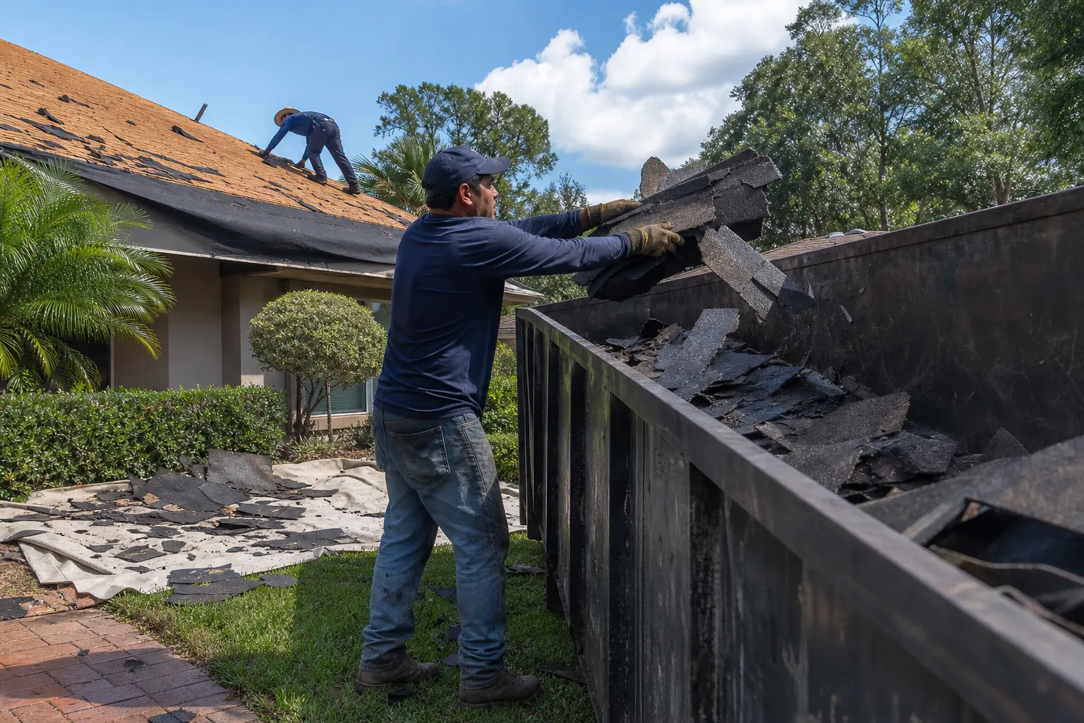 Workers Removing Roof Tear Off Debris into a Dumpster A worker loads torn roofing shingles into a large dumpster while another worker strips a house roof, with debris on a tarp below.