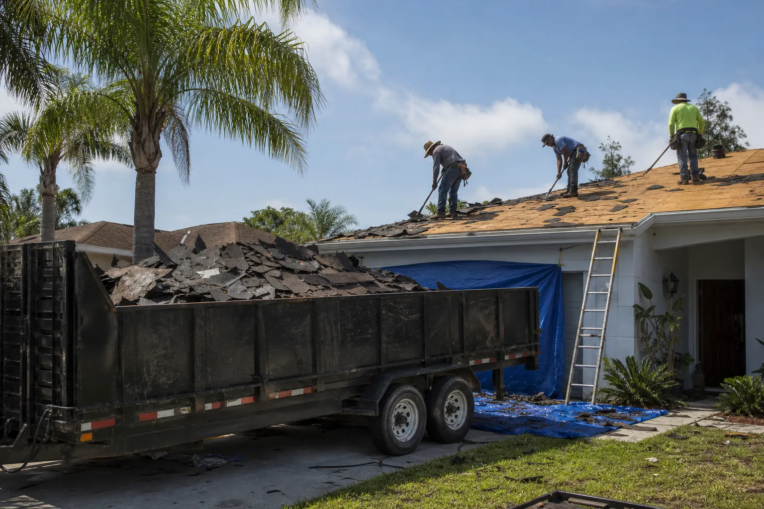 Roof Tear Off with Debris Trailer and Protective Tarps Three workers strip shingles from a house roof beside a debris-filled dump trailer, with blue tarps protecting the ground.
