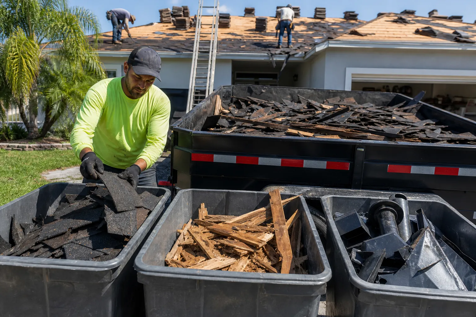 Sorting Roof Tear Off Debris into Separate Bins Worker sorts roofing shingles beside bins of wood scraps and metal flashing, with a debris trailer and roofers behind him.