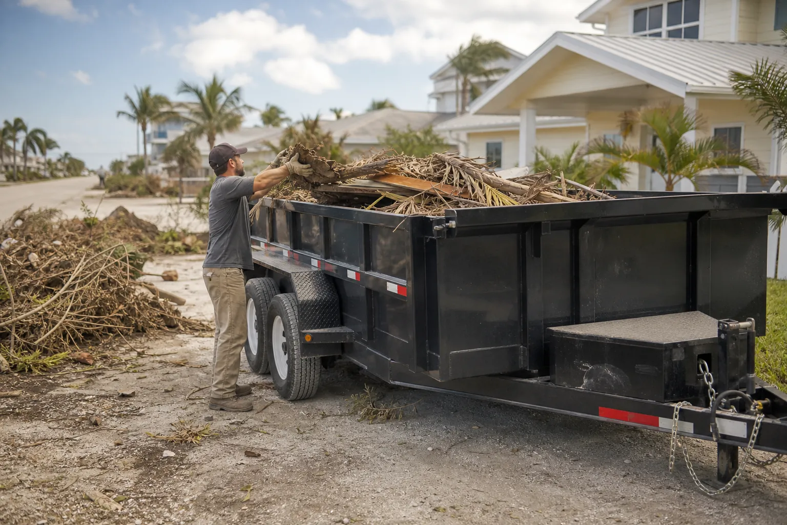Loading Storm Debris into a Dump Trailer A man loads branches and palm debris into a black dump trailer beside a debris-strewn street lined with houses and palms.