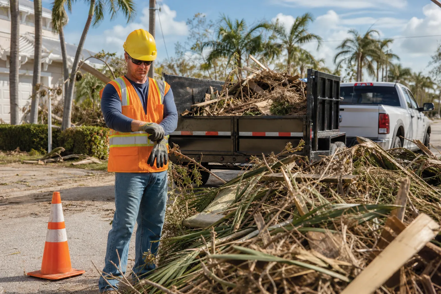 Safety Gear Before Handling Storm Debris Worker wearing a hard hat, safety vest and gloves stands beside storm debris, a traffic cone and a loaded trailer hitched to a pickup.