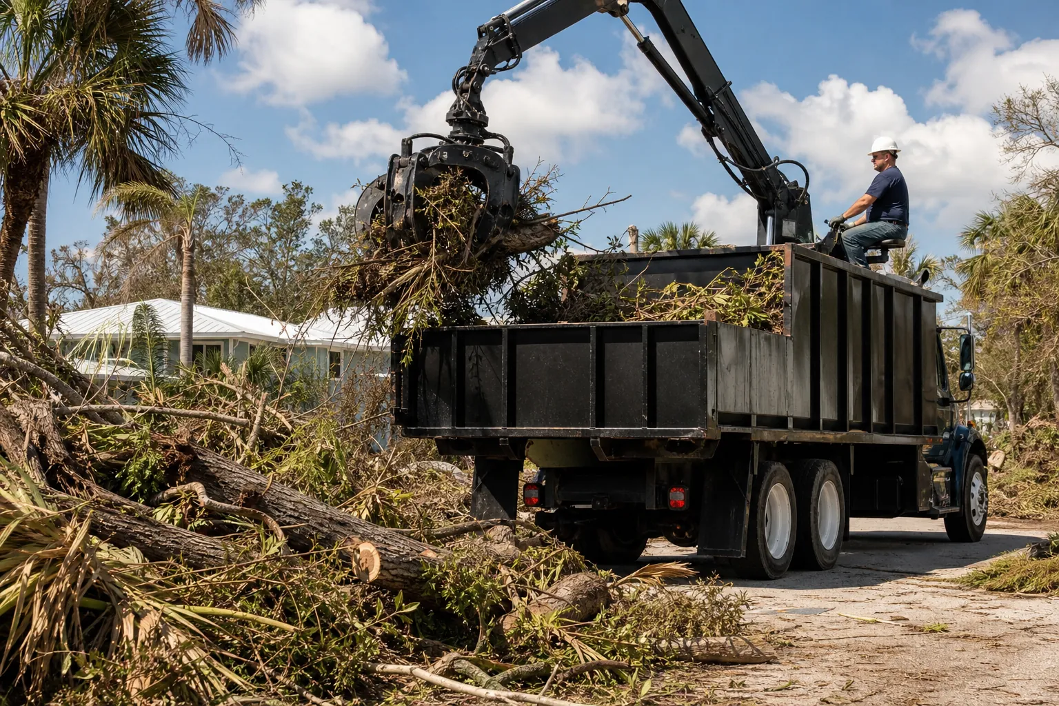 Grapple Truck Loading Fallen Branches and Storm Debris An operator uses a grapple truck to lift fallen branches beside piles of logs and palm debris on a residential street.